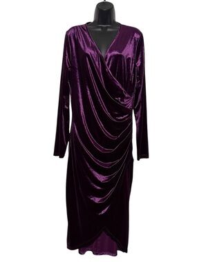DIRASS Royal Purple Velvet Ruched Long Sleeve V-Neck Midi Dress Size XL